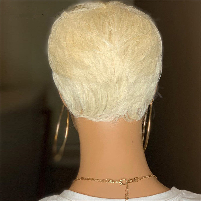 New Style Women's Wig Foreign Trade Europe And America Short Hair Light Golden Short Straight Hair Fluffy Cheap Button Mesh Chemical Fiber Hair Hood