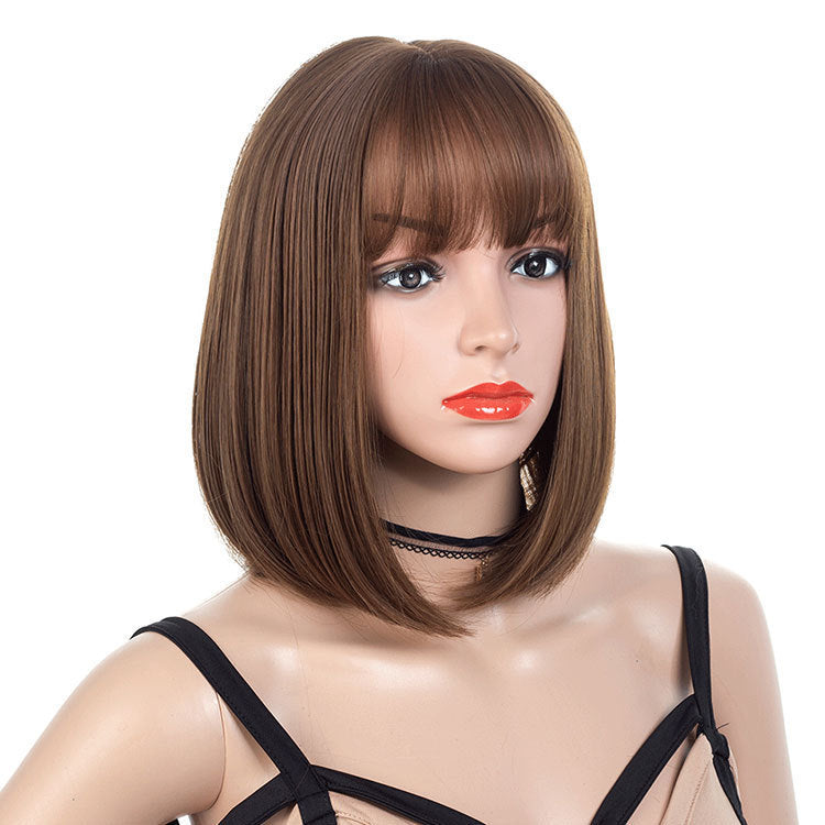 Women's Brown Flat Bangs Short Straight Hair